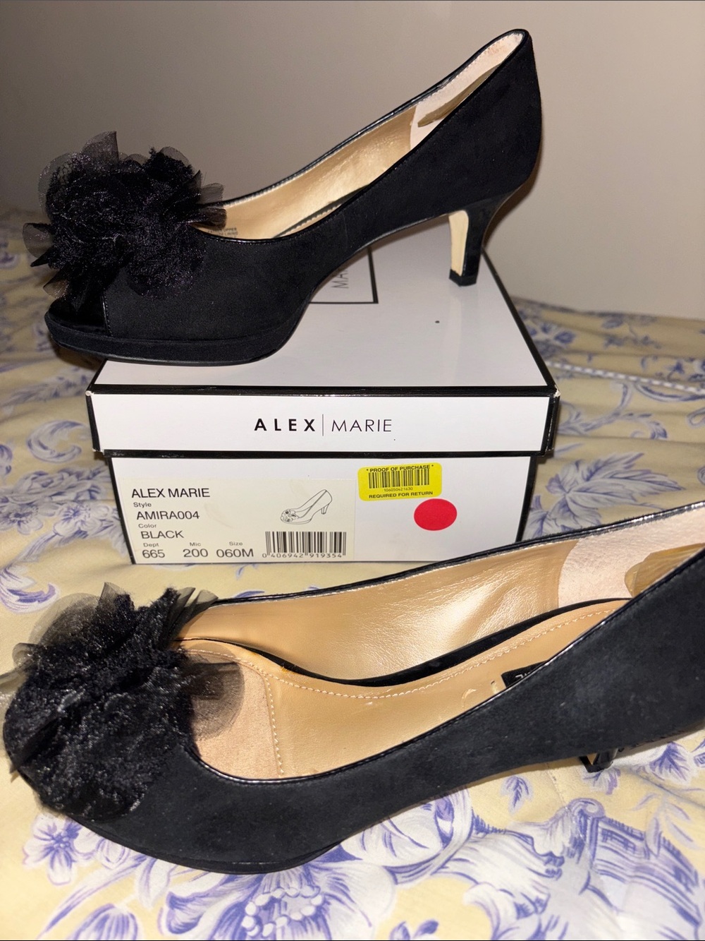 Alex Marie Black Suede Peep-Toe Pom Kitten Heels Size 6M